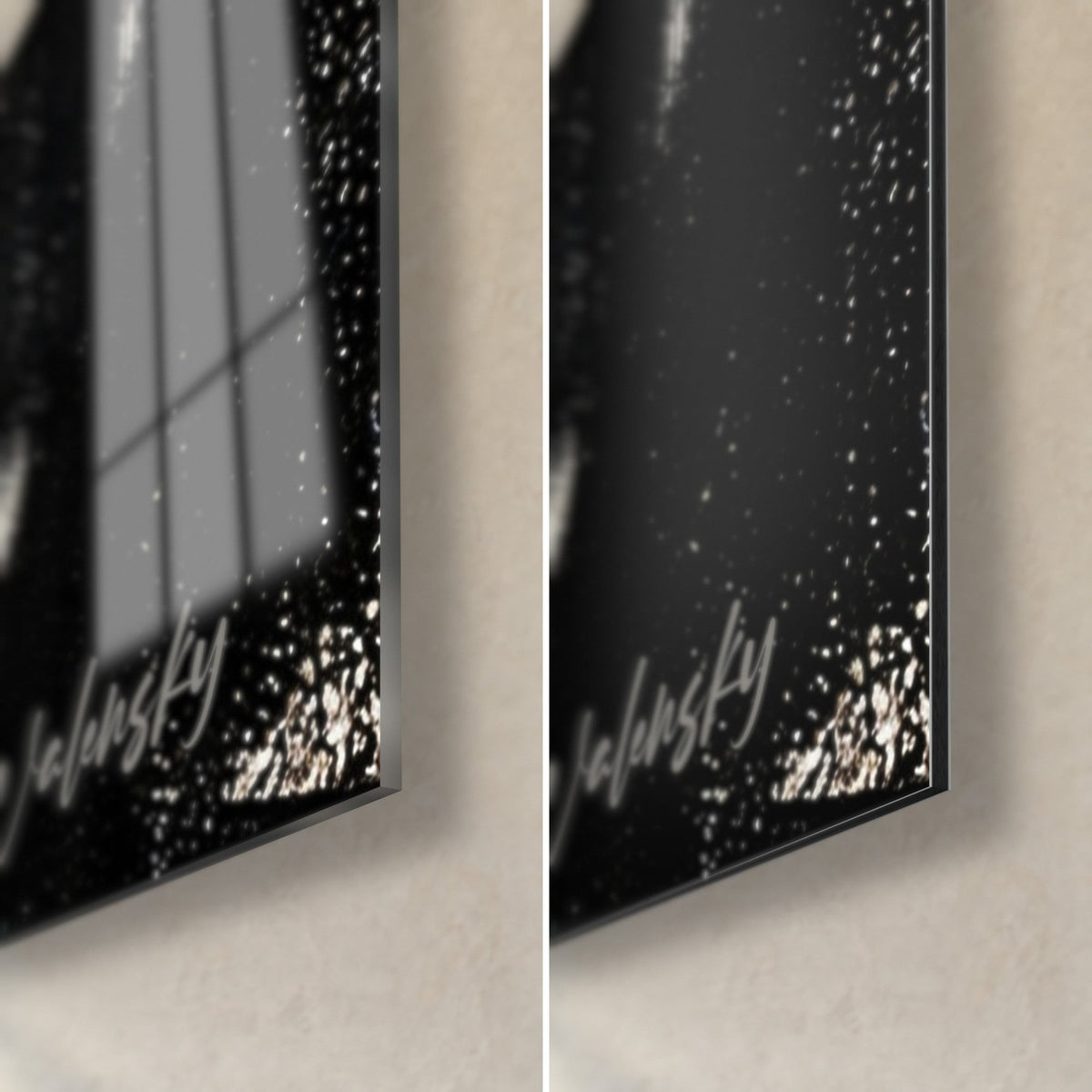 Tableau kangourou noir et or, coin bas droit en verre acrylique brillant à gauche et alu Dibond mat à droite, tranche de 3 mm visible