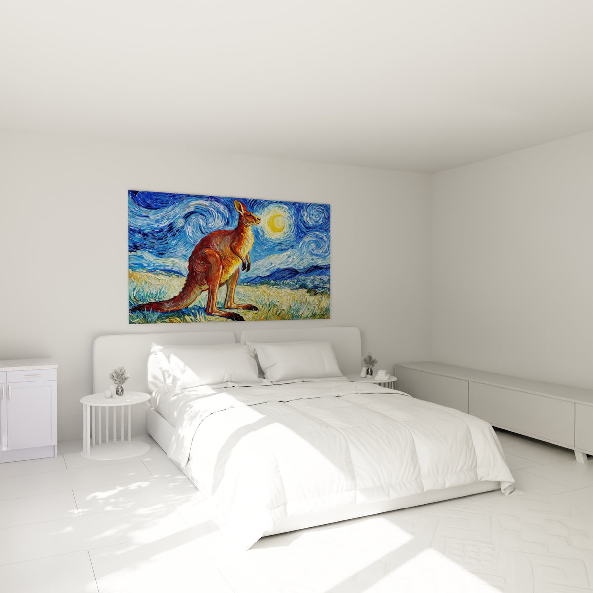 Kangourou fauve veillant sous un ciel étoilé bleu et jaune, au-dessus d'un lit dans une chambre claire