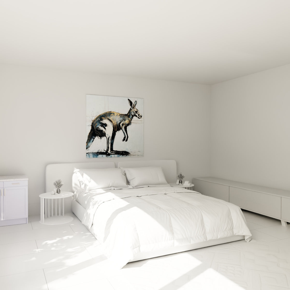 Kangourou en encre noire et dorée, posture en équilibre, au-dessus d'un lit dans une chambre claire