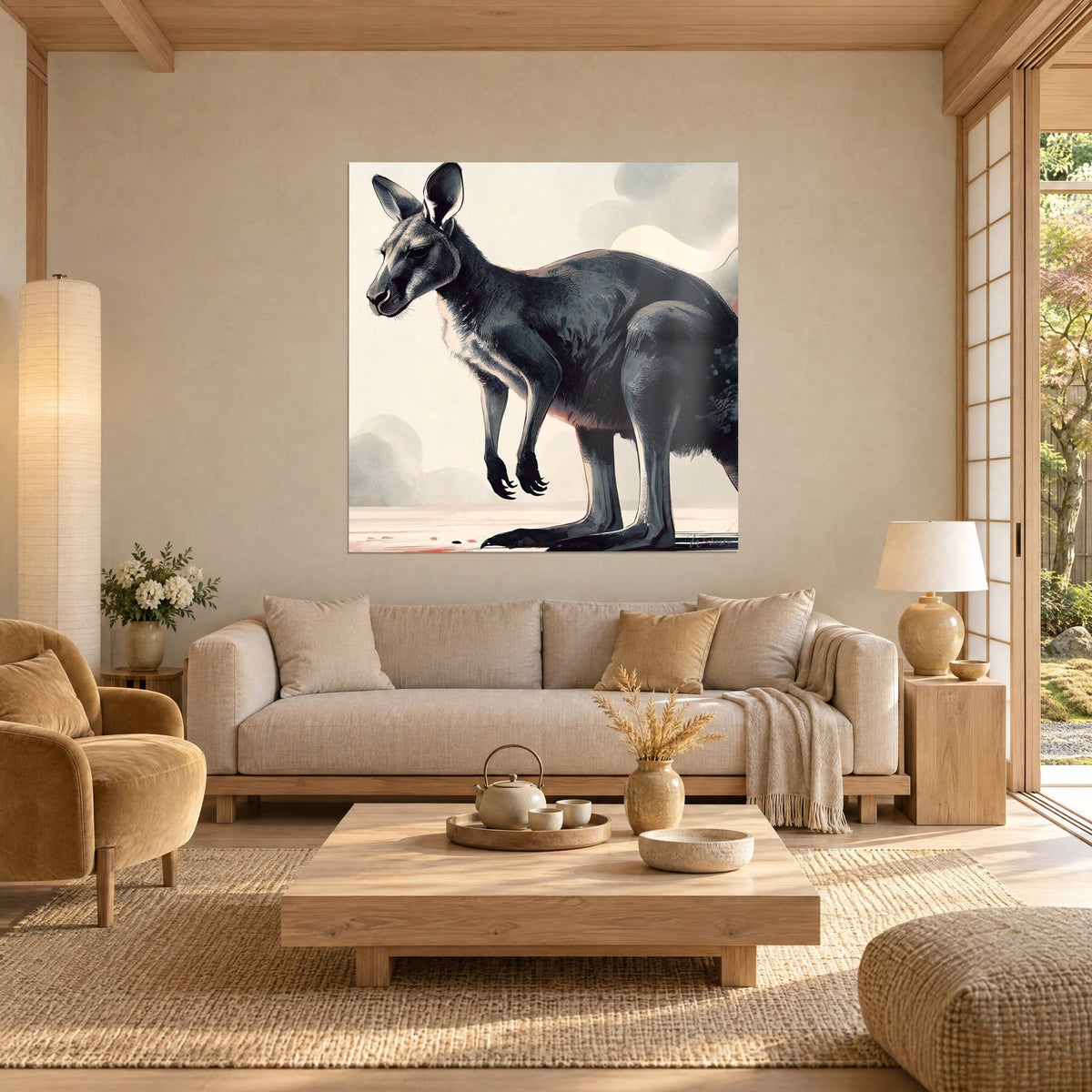 Tableau kangourou anthracite en lavis, oreilles dressées sur fond crème et gris perle, au-dessus d'un canapé dans un salon lumineux