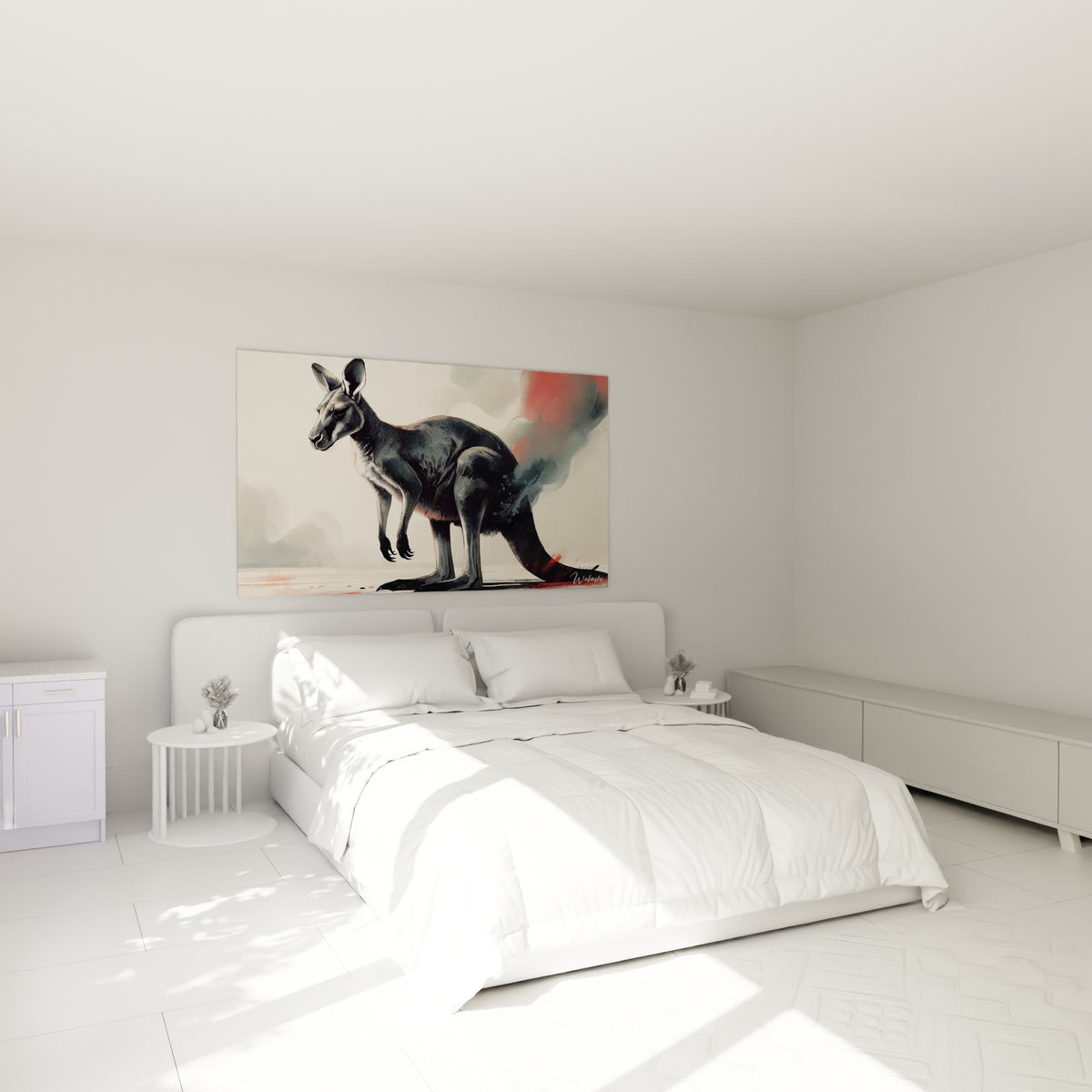 Silhouette de kangourou gris anthracite et rouge terracotta, au-dessus d'un lit dans une chambre claire