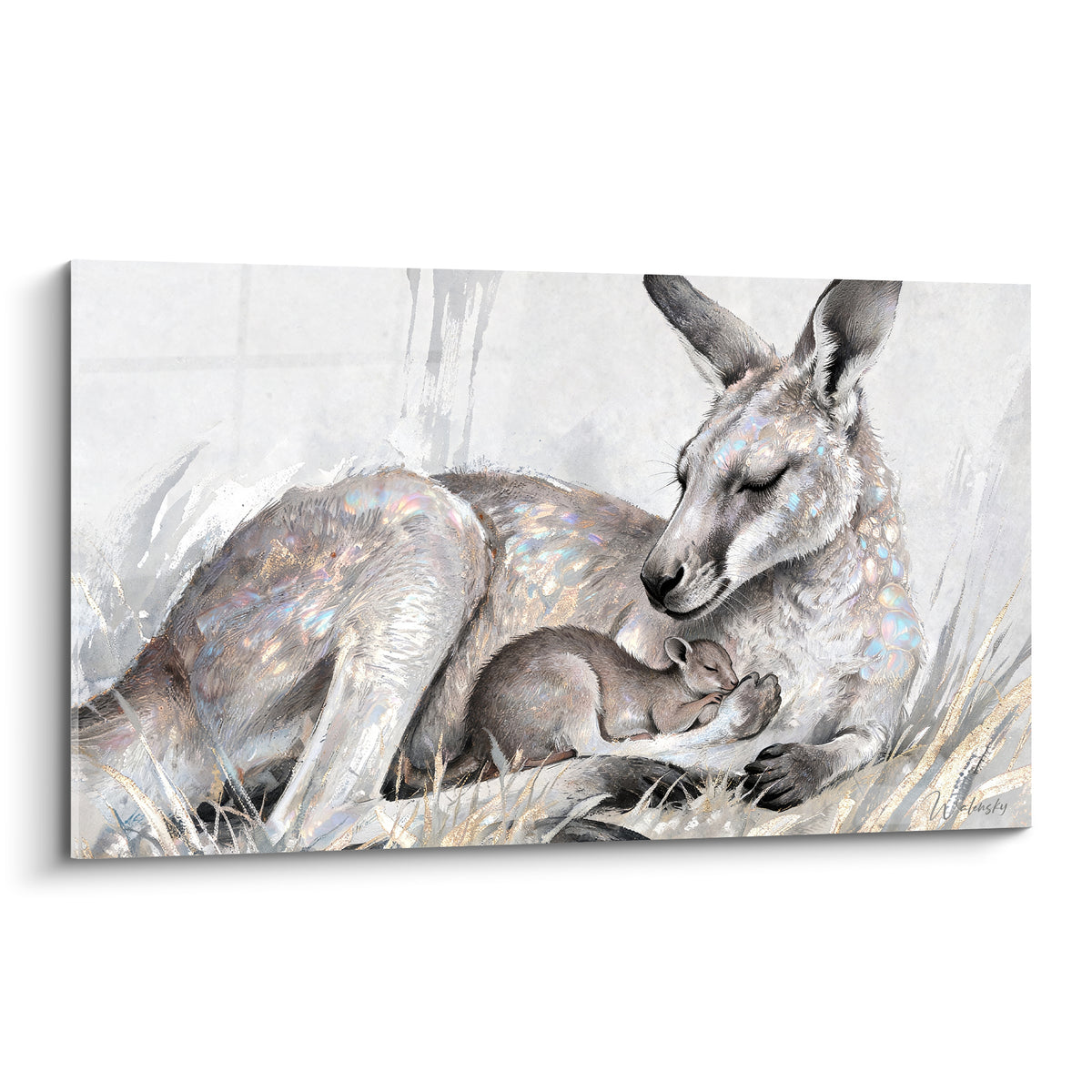 Kangourou gris perle et doré allongé, son petit blotti contre lui, reflets irisés