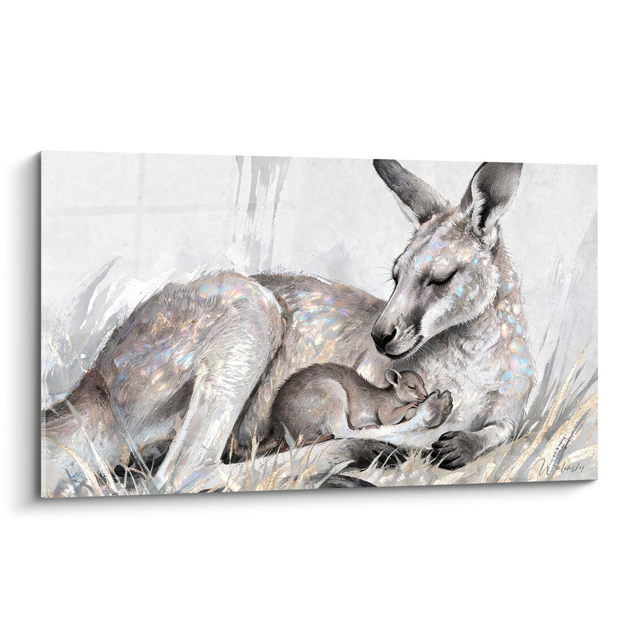 Tableau Kangourou gris et blanc aux reflets irisés - Sommeil du petit - Edition Kangourou