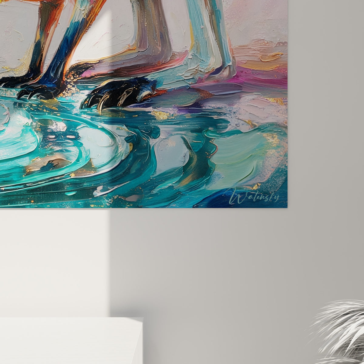 Empâtements épais de bleu turquoise et d'or sur le pelage du kangourou, matière peinte texturée et coulures visibles
