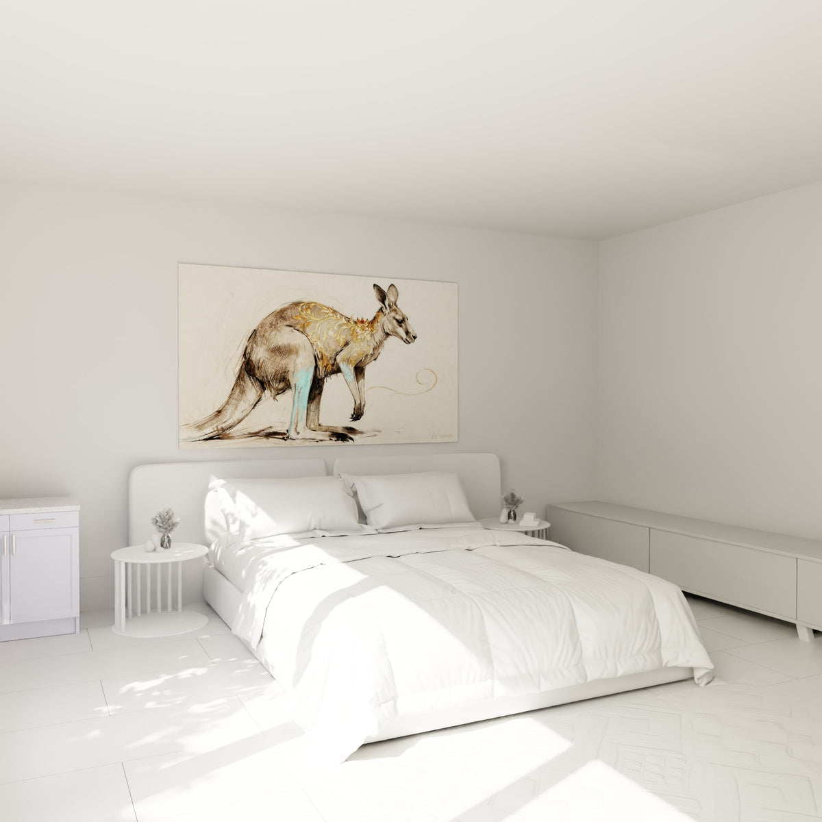Silhouette de kangourou aux ornements dorés et touches turquoise, au-dessus d'un lit dans une chambre claire