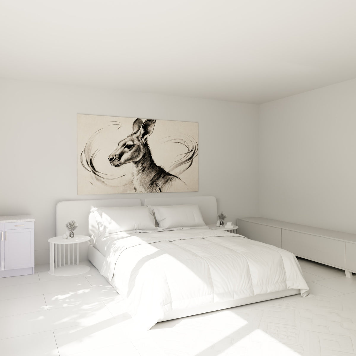 Portrait de kangourou en noir et beige, traits fusain précis, accroché au-dessus d'un lit dans une chambre claire