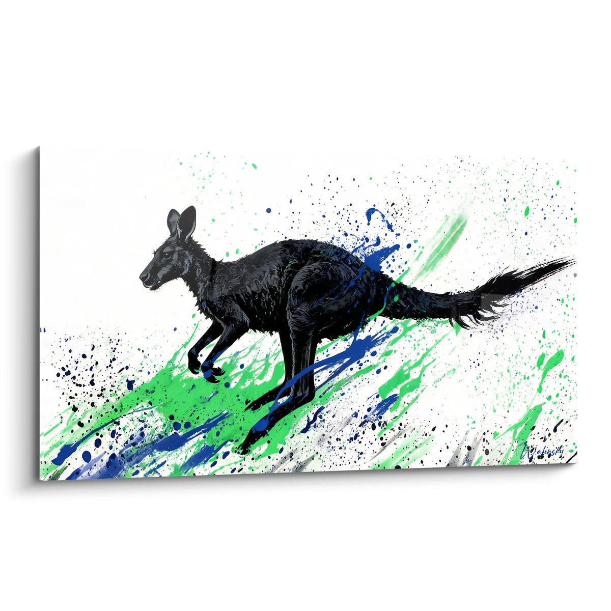 Tableau kangourou noir en plein bond, éclaboussures vertes et bleu marine sur fond blanc