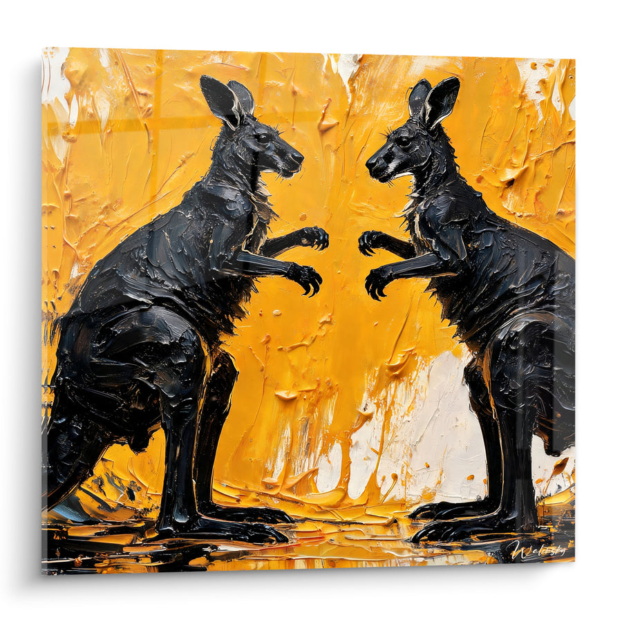 Tableau Kangourous noirs face à face sur fond doré - Face à face ardent - Edition Kangourou