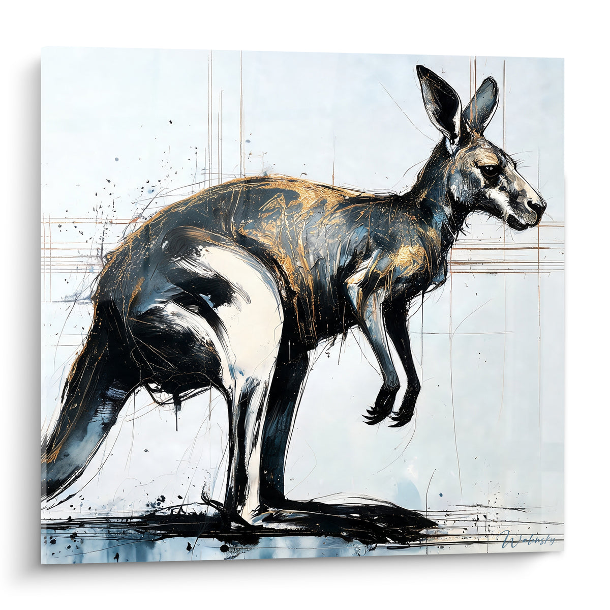 Kangourou de profil, noir et doré, oreilles dressées sur un fond bleu pastel épuré
