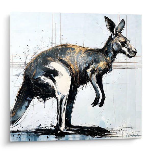 Schilderij Kangaroo zwart en goud met blauwe achtergrond - Sprong voorwaarts - Editie Kangaroo