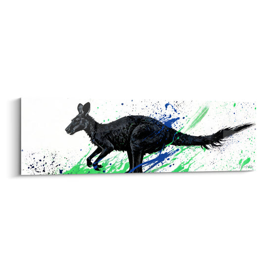 Tableau Kangourou noir aux éclaboussures vertes et bleues - Course en plein élan - Edition Kangourou