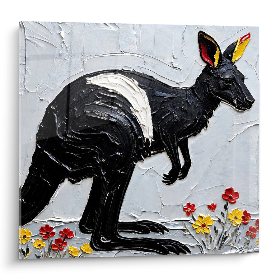 Tableau Kangourou noir aux fleurs rouges et jaunes - Éveil des prairies - Edition Kangourou