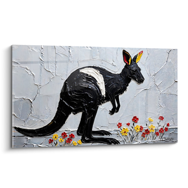 Tableau Kangourou noir aux oreilles fauves fleuries - Halte silencieuse - Edition Kangourou