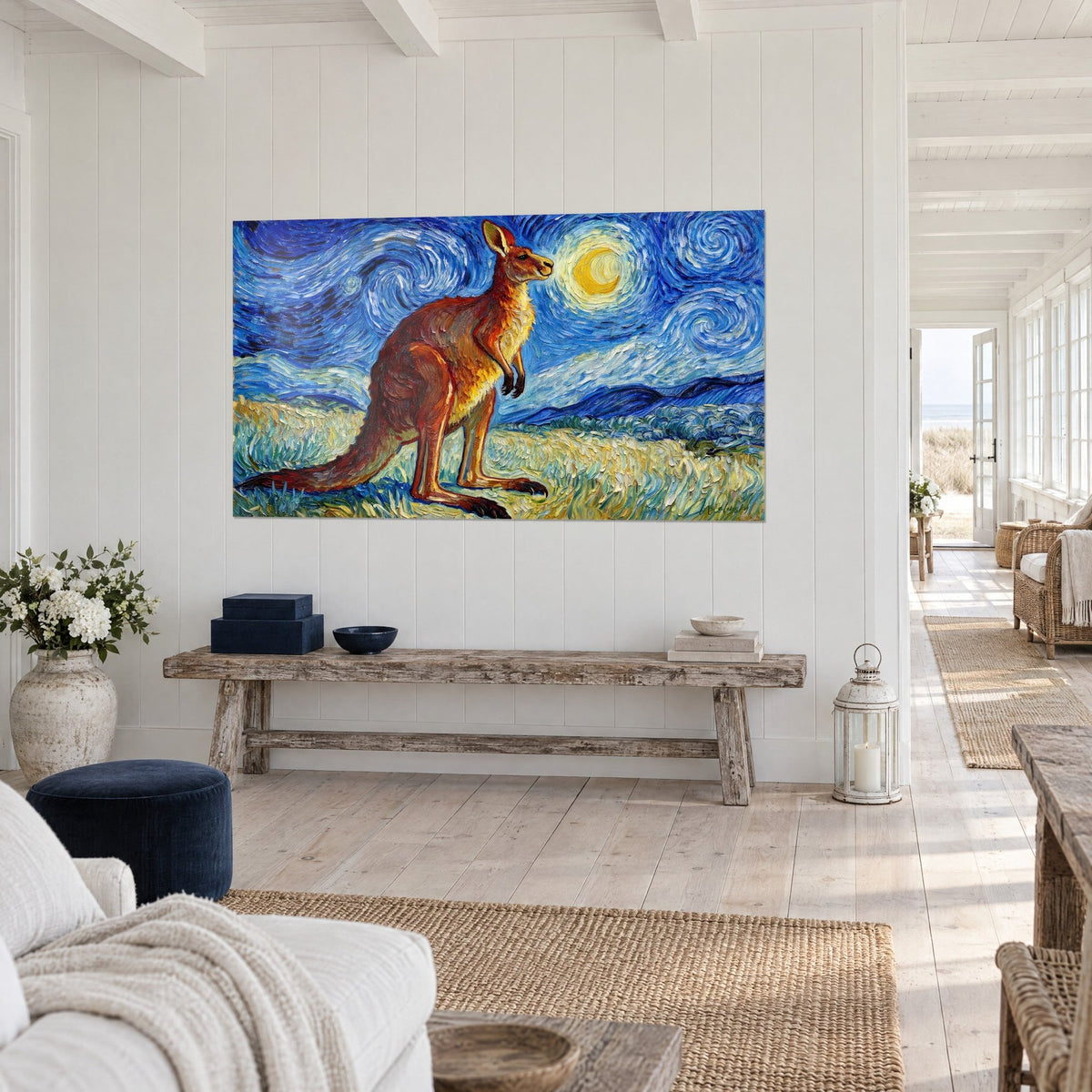 Wall art of an ochre and honey marsupial with thickly brushed fur, indigo sky in spirals, seen at an angle beside a rustic bench