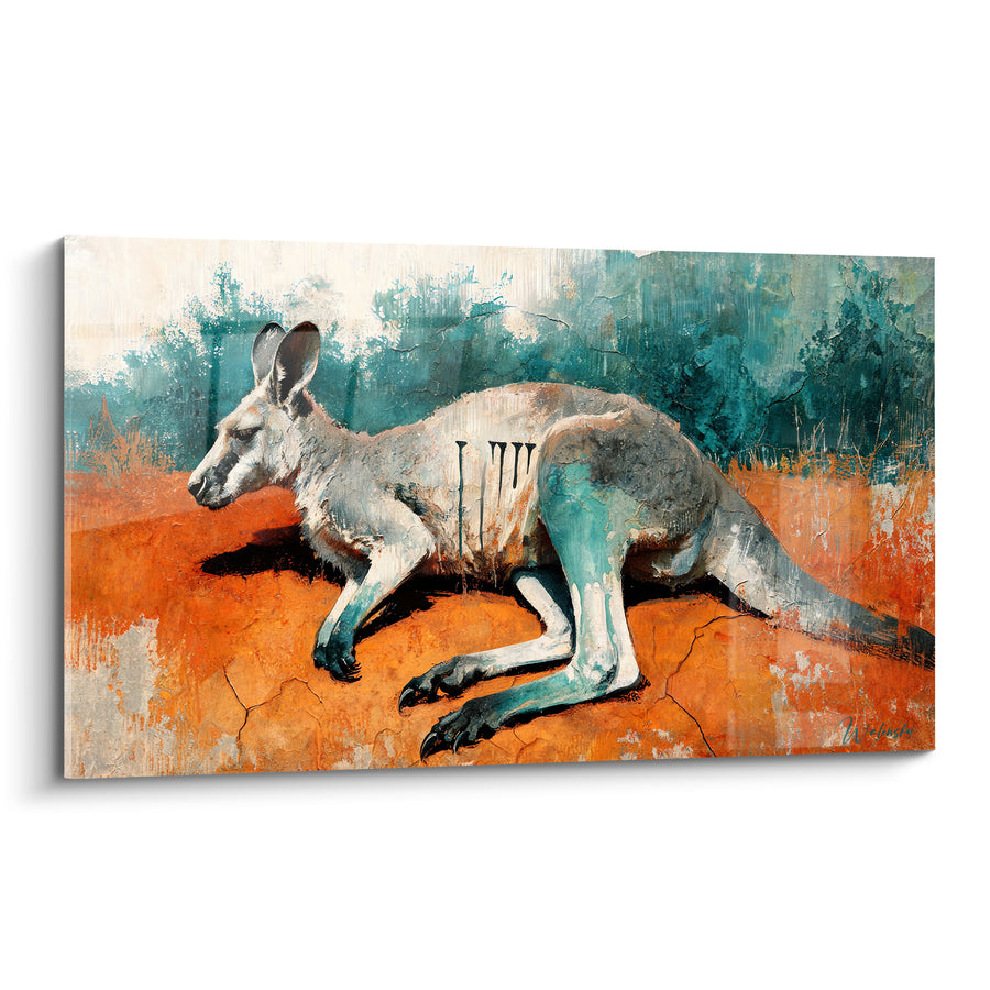 Tableau Kangourou allongé sur terre ocre et sarcelle - Halte dans le bush - Edition Kangourou