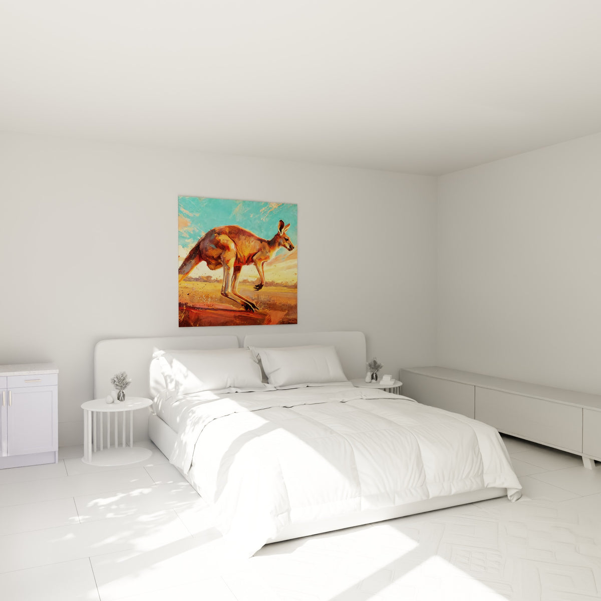 Kangourou en plein saut, tons ocre et turquoise, accroché au-dessus d'un lit dans une chambre claire