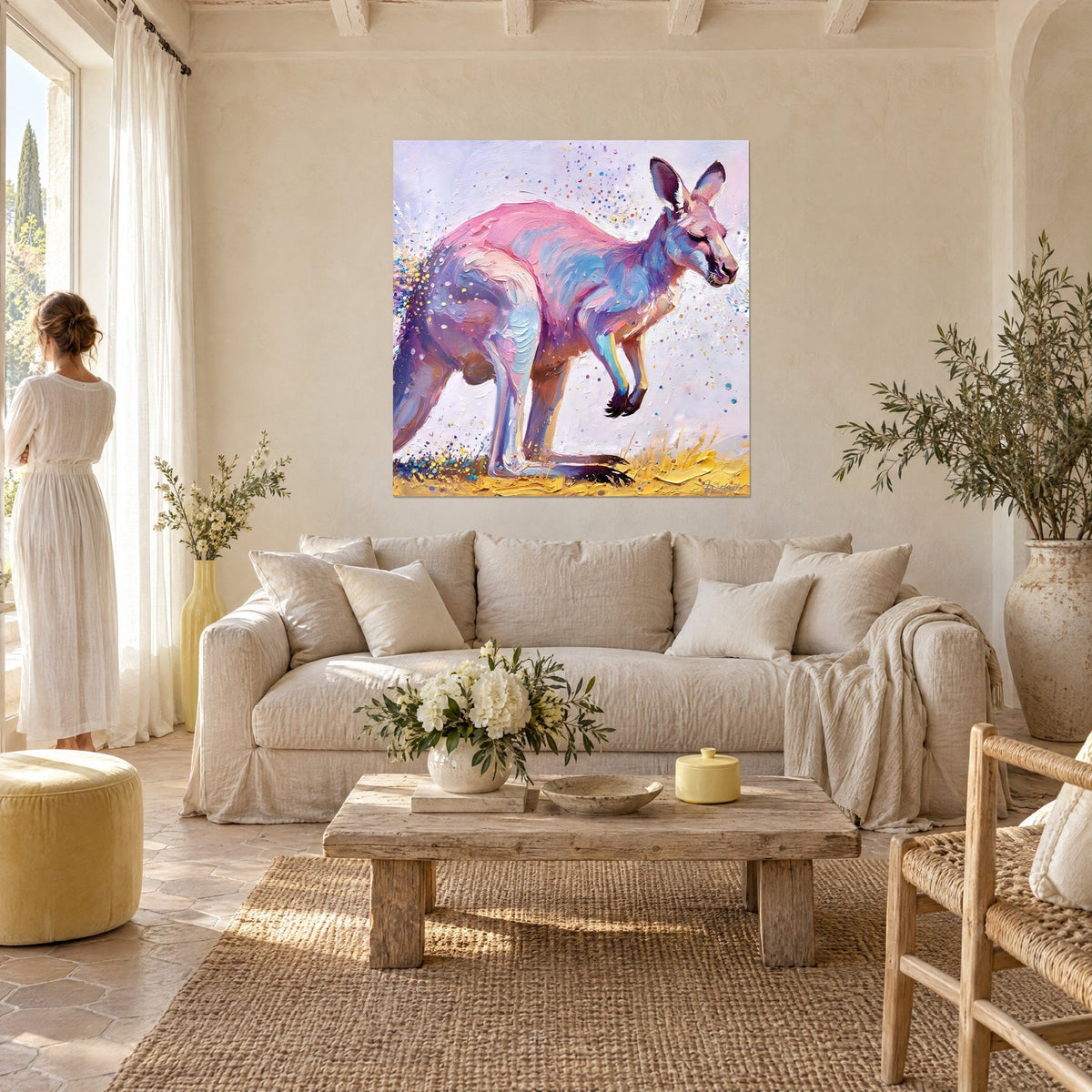 Gemälde Känguru in Rosa und Blau, pastoser Pelz und goldene Konfetti, zwei Frauen von hinten, über einem Sofa in einem hellen Wohnzimmer