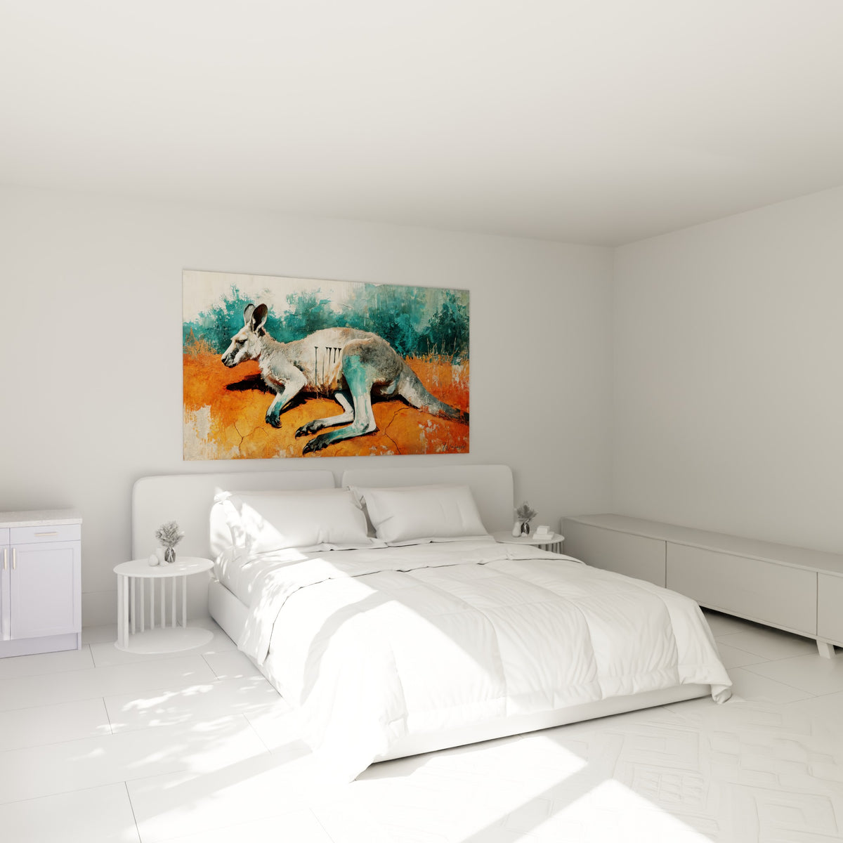 Silhouette de kangourou aux pattes turquoise reposant au-dessus d'un lit dans une chambre claire
