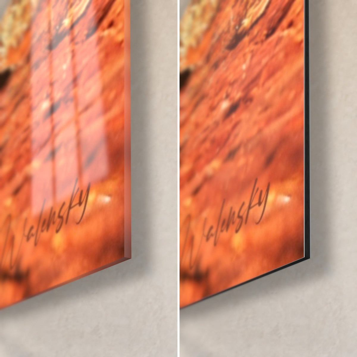 Tableau kangourou roux, coin bas droit : verre acrylique brillant à reflets orangés à gauche, alu Dibond noir mat à droite, tranche de 3 mm