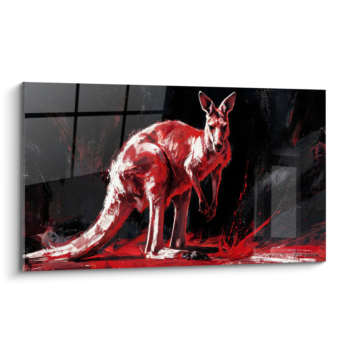Kangourou rouge fauve dressé sur fond noir, touches blanches sculptant la fourrure en mouvement