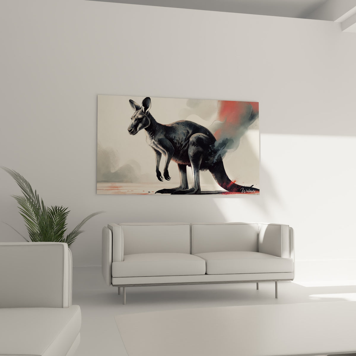 Marsupial gris foncé aux éclats rouges vifs, au-dessus d'un canapé dans un salon lumineux
