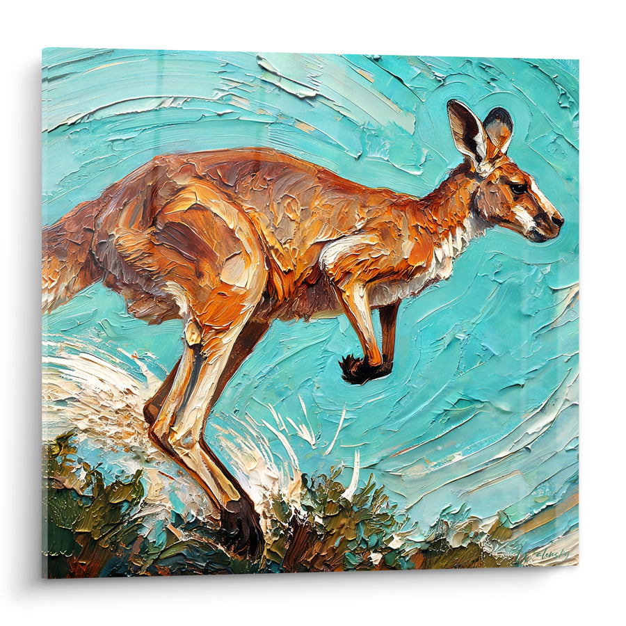 Tableau Kangourou roux au ciel turquoise texturé - Bond sauvage - Edition Kangourou
