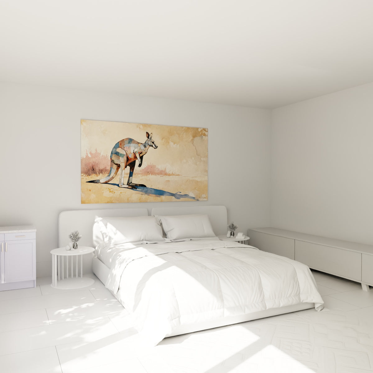 Kangourou terracotta et anthracite en aplats géométriques, au-dessus d'un lit dans une chambre claire