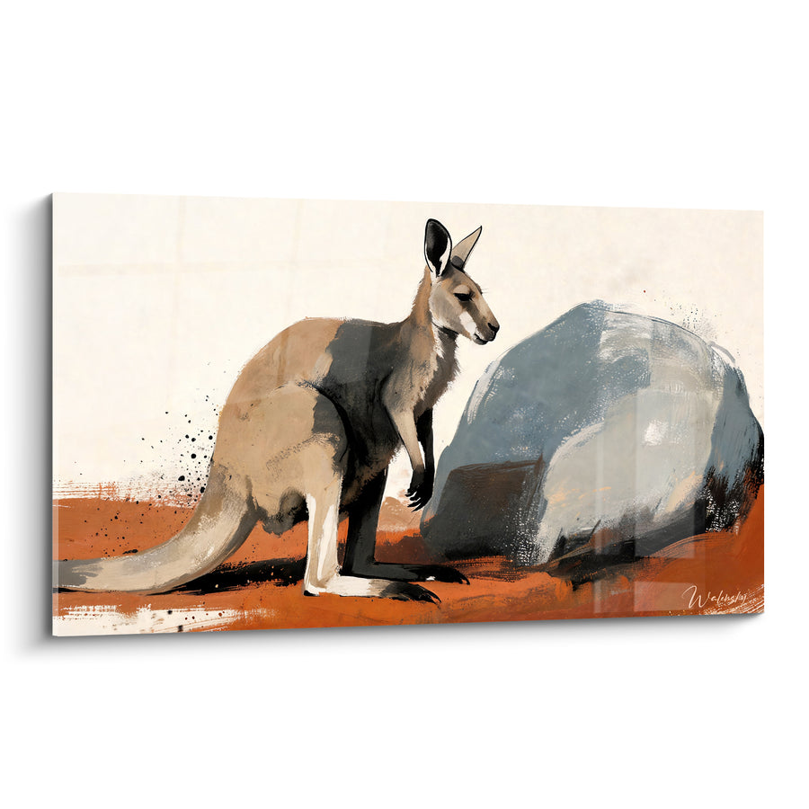 Tableau Kangourou beige et terracotta près d'un rocher - Veille dans l'outback - Edition Kangourou