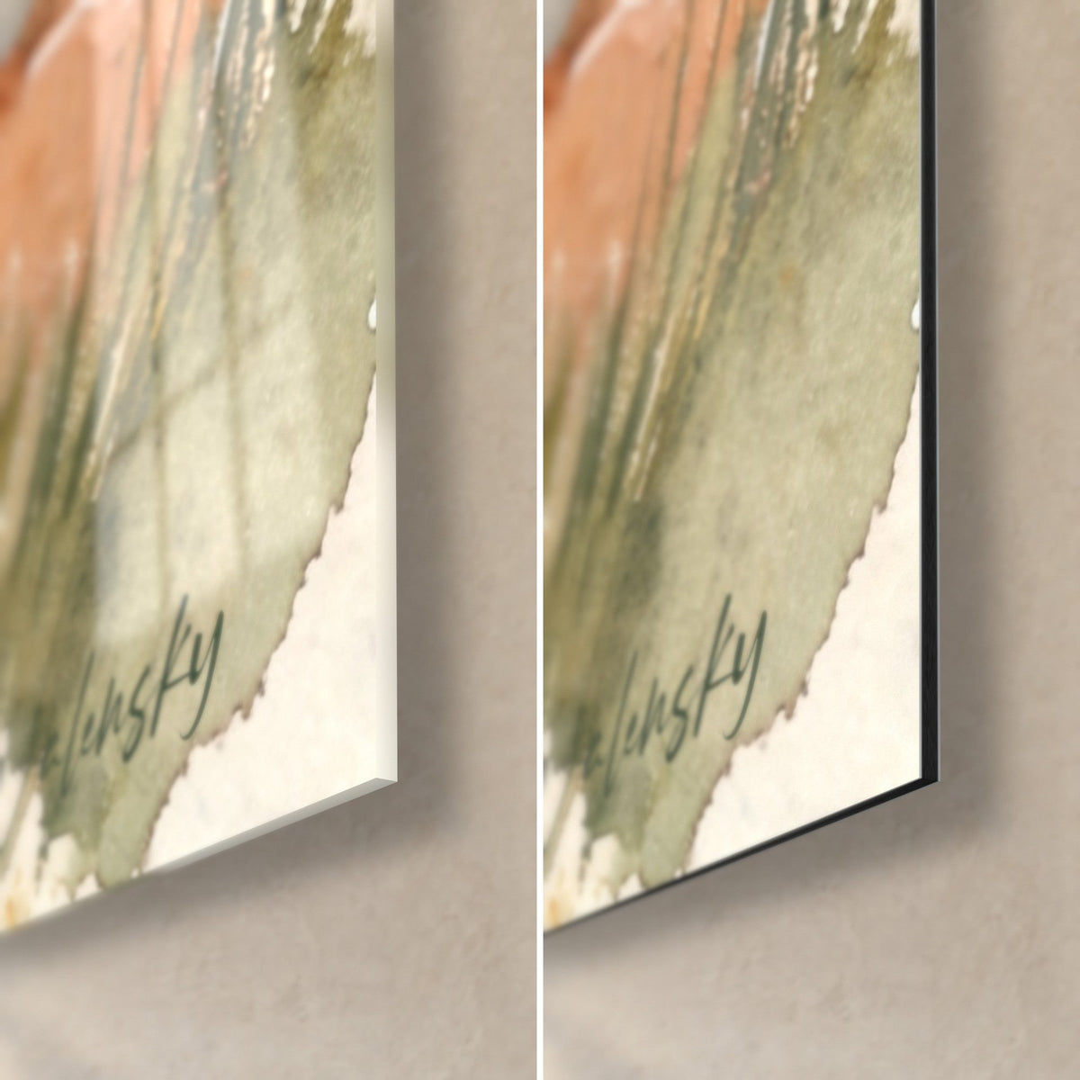 Quadro canguro ad acquerello, angolo in basso a destra: firma seppia, foglia verde salvia, vetro lucido e Dibond nero opaco