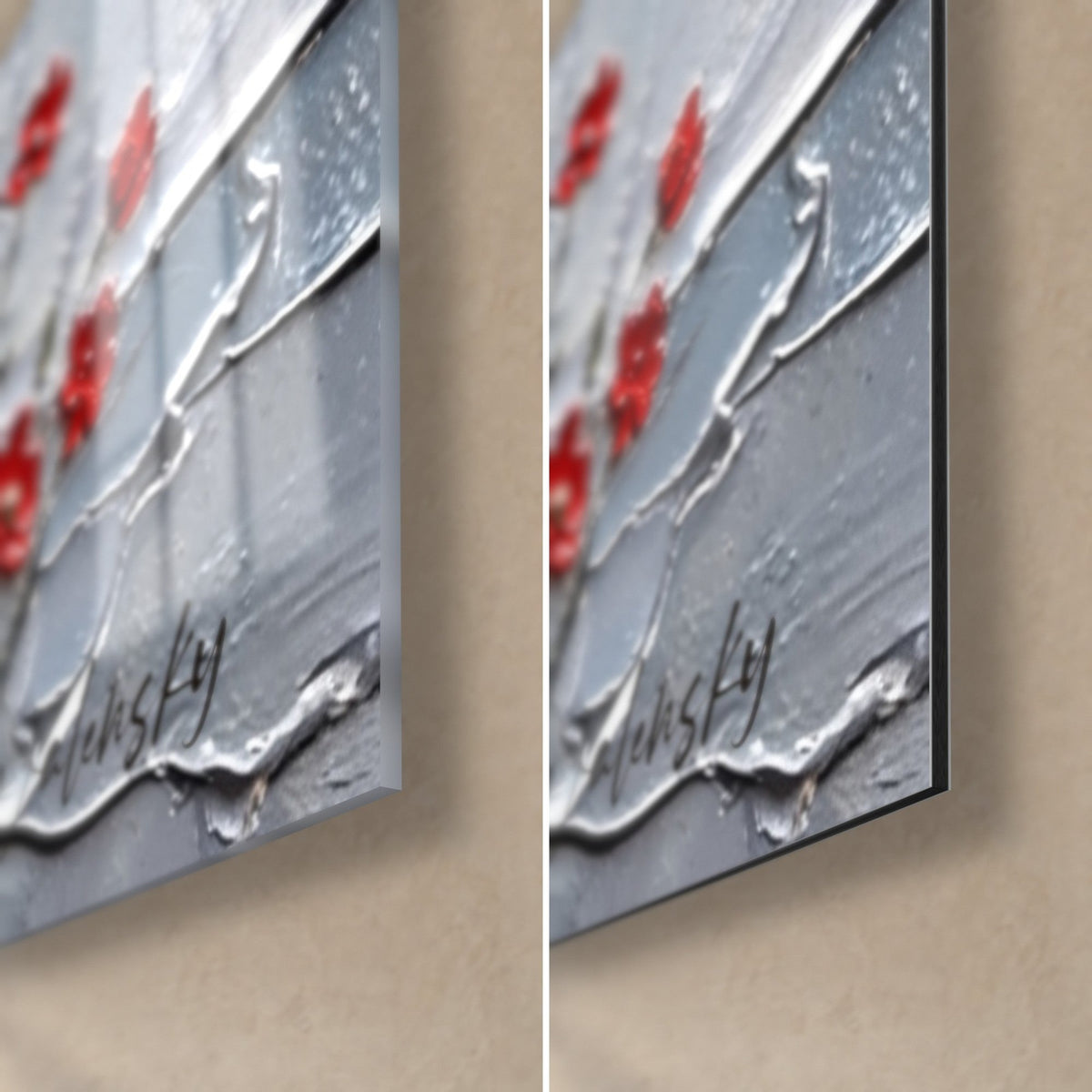 Tableau kangourou noir, coquelicots rouges et fleurs jaunes en relief, coin bas droit : verre acrylique brillant et Dibond gris mat