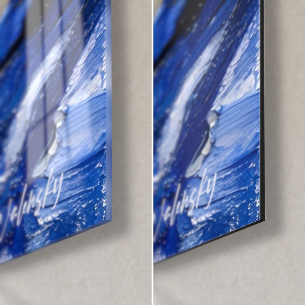 Tableau kangourou bleu nuit et blanc, coin bas droit : verre acrylique brillant à gauche, alu Dibond mat à droite, tranche de 3 mm