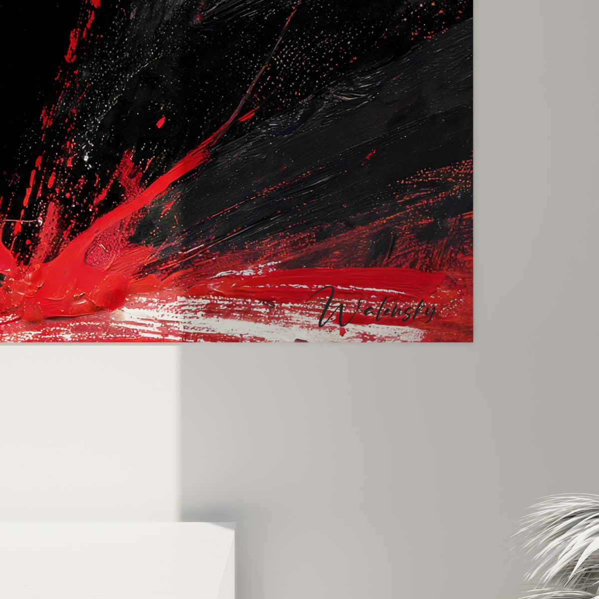 Empâtements rouges et blancs, coulures sombres et grain pictural visibles sur cette œuvre du kangourou