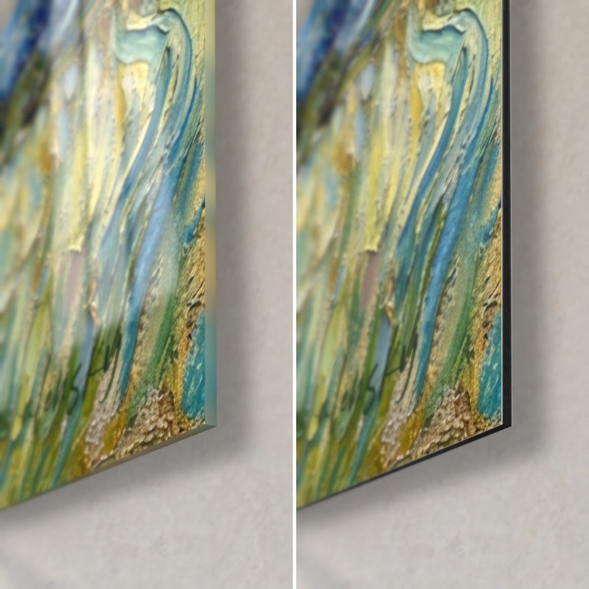 Wall art of a kangaroo in thick impasto, lower right corner: turquoise and yellow grasses, glossy glass on the left, matte Dibond on the right
