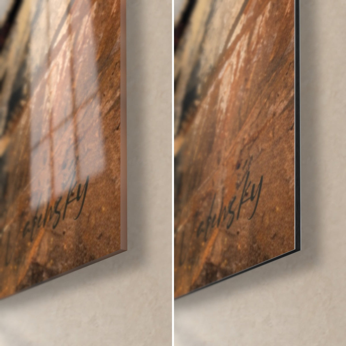 Schilderij kangoeroe met goudkleurig gras, rechteronderhoek: glanzend acrylglas met reflecties, mat koperbruin Dibond-aluminium, rand van 3 mm
