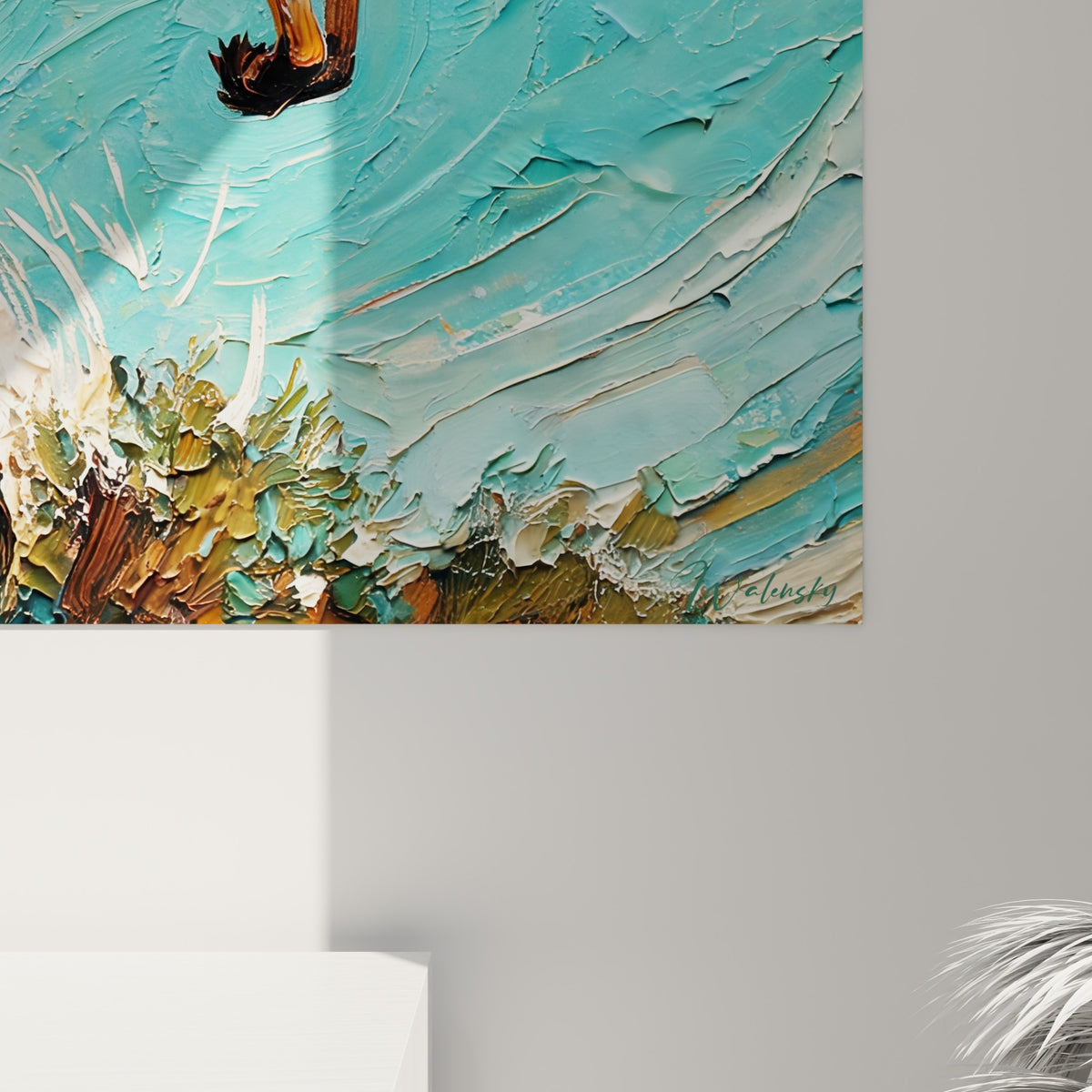 Empâtements épais du pelage roux et coulures turquoise visibles de près, matière sculptée sur la toile
