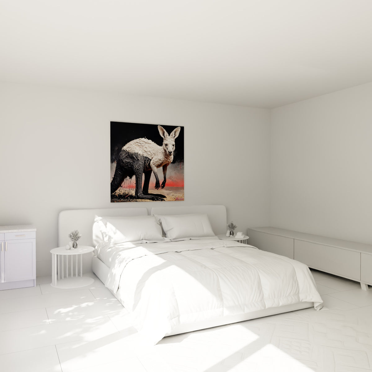 Silhouette du kangourou texturé blanc et anthracite au-dessus d'un lit dans une chambre claire