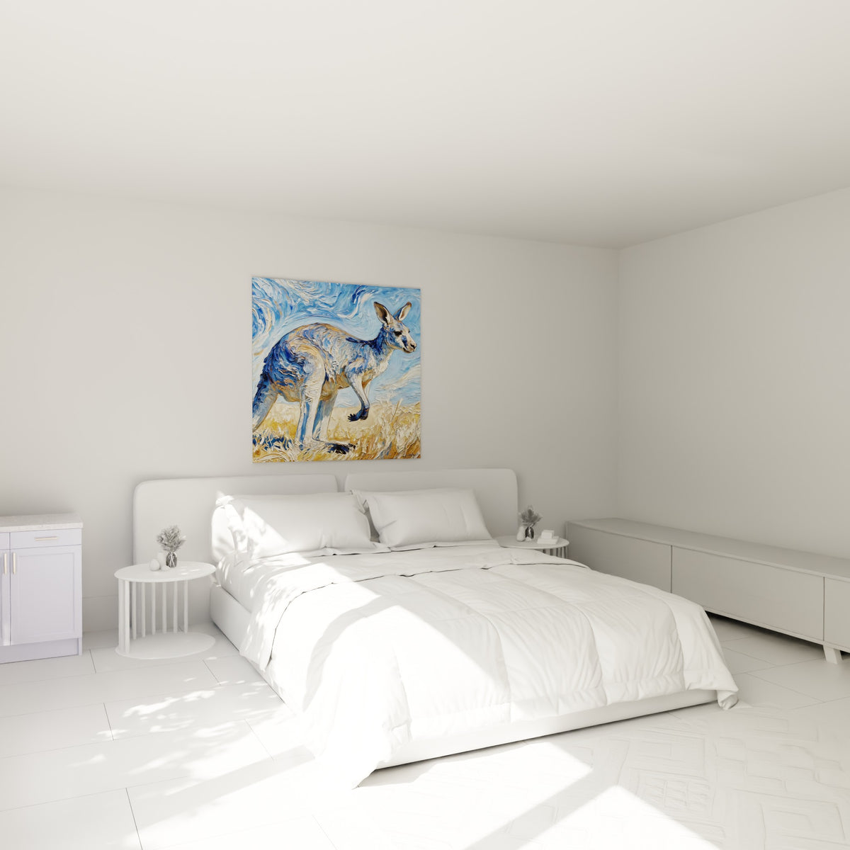 Silhouette de kangourou aux tons bleus et ocre, au-dessus d'un lit dans une chambre claire