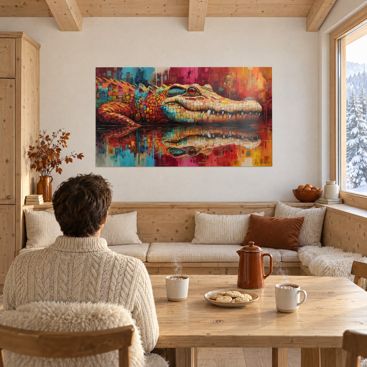 Gemälde Alligator in goldenen und cyanfarbenen Pflastersteinen, starrer orangefarbener Blick, gegenüber einem Paar am Tisch vor einer verschneiten Berghütte