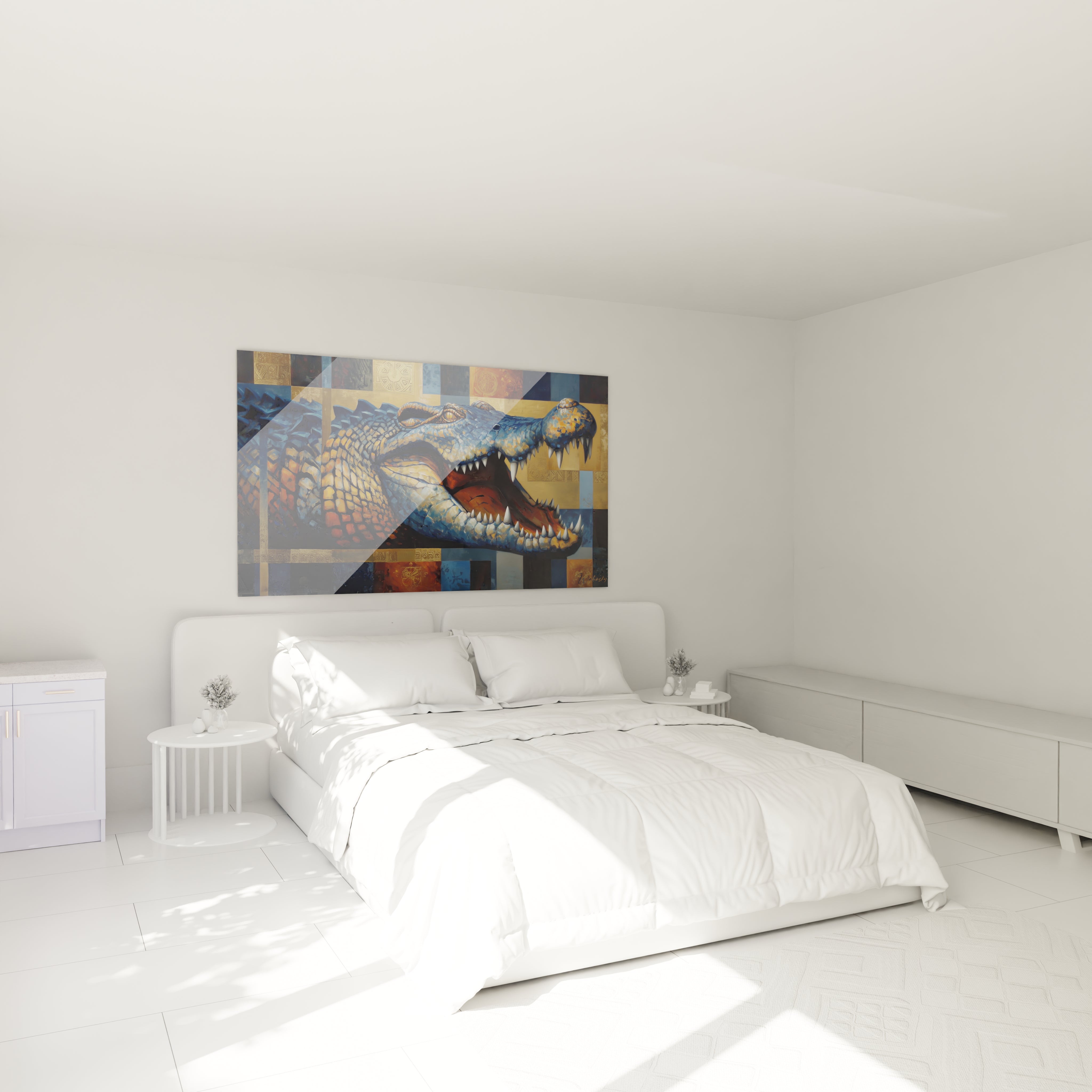 Tableau décoratif Kaprosuchus installé dans chambre moderne avec éclairage tamisé