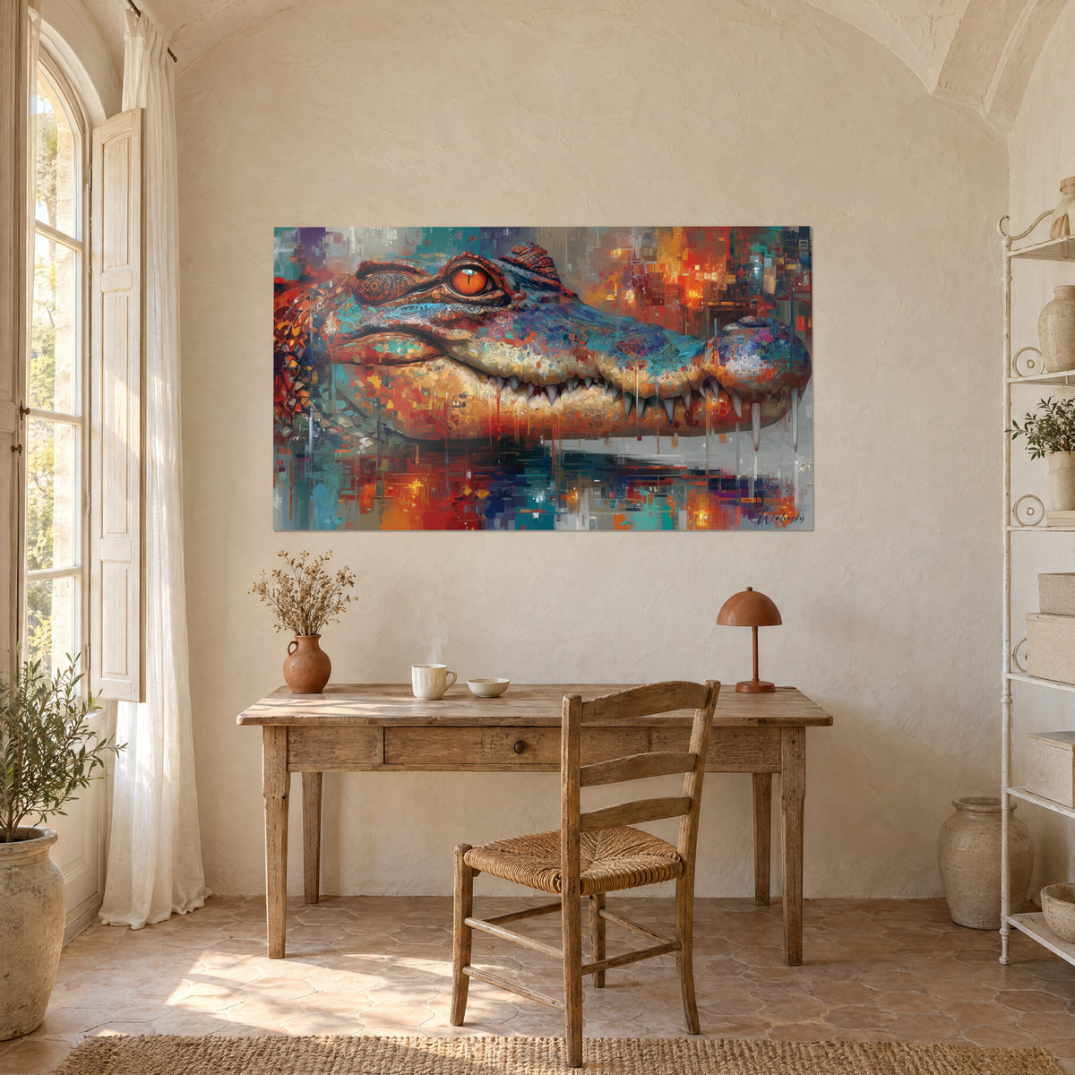 Schilderij kaaimanportret in pixelart, licht geopende bek met zilveren tanden, oranje en petroleumgroene achtergrond, boven een houten bureau