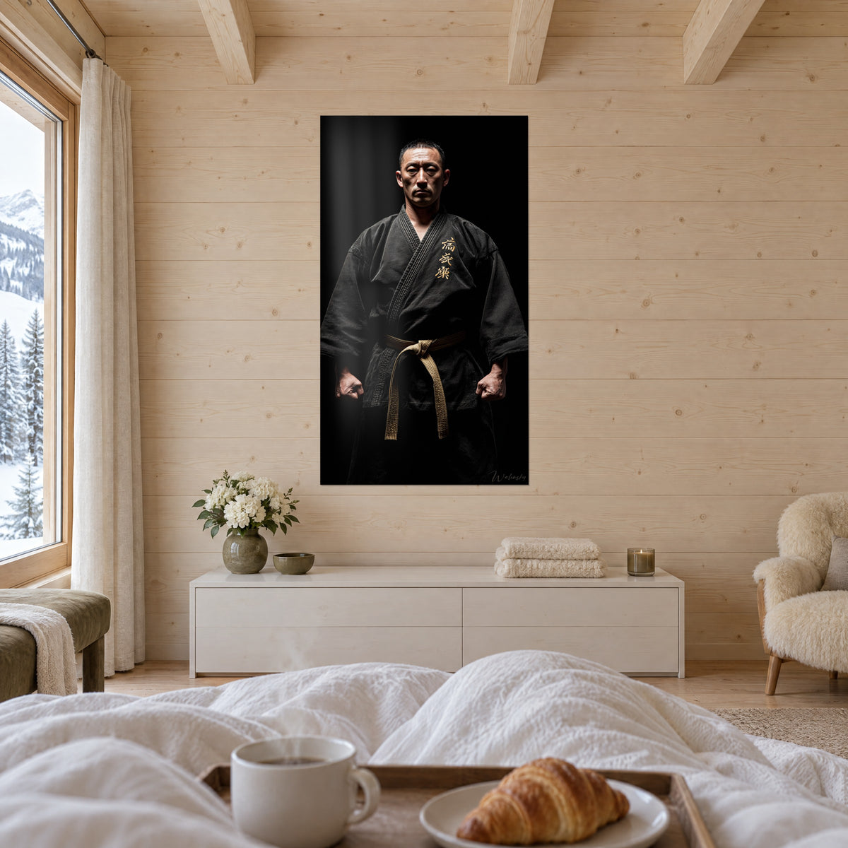 Schilderij onverzettelijke vechter in donkere outfit, zandkleurige gordel en gesloten vuisten, boven een bed in een lichte slaapkamer