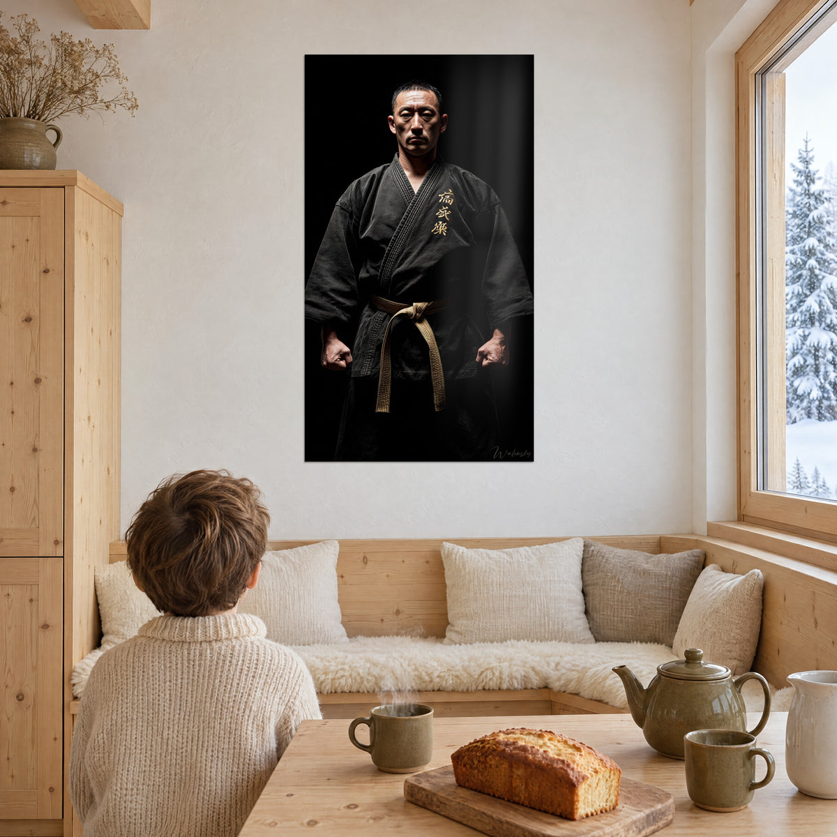 Schilderij portret van een kenner van vechtsporten, houtskoolkleurige kimono en gouden borduursel op de borst, in een hoek van een houten salon
