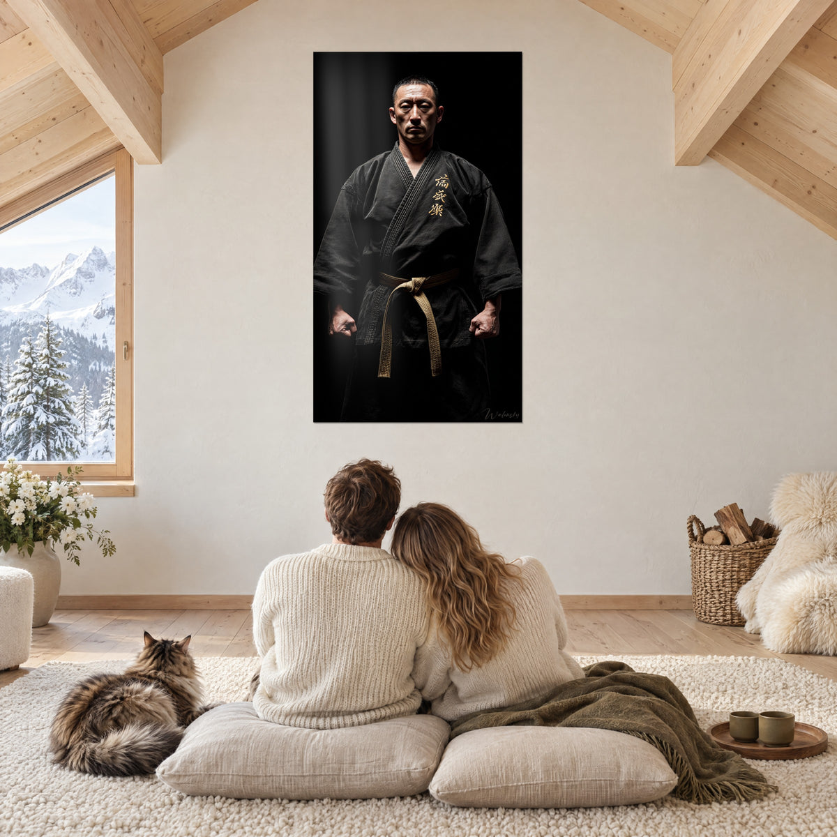 Schilderij staande sensei op zwarte achtergrond, antracietkleurige kimono en gouden gordel, tegenover een koppel en een Maine Coon, chalet