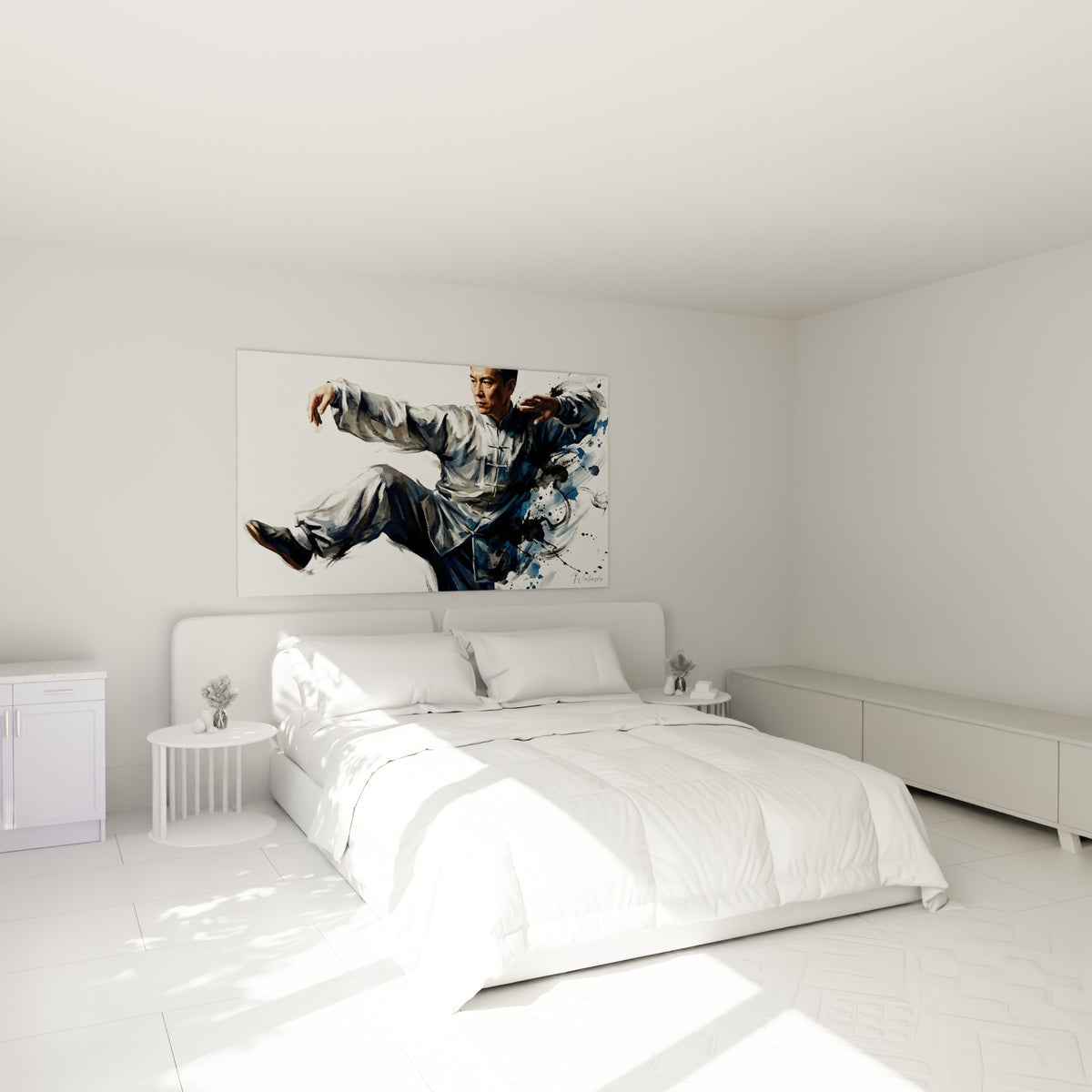 Pratiquant de karaté en posture martiale, tons blanc et anthracite, au-dessus d'un lit dans une chambre claire