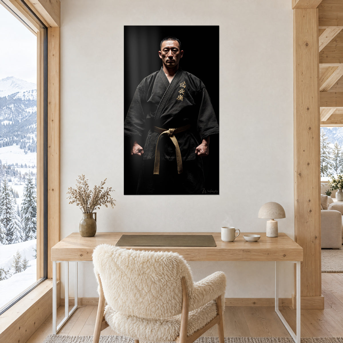 Schilderij karate met zwarte band in donkere kimono, ernstig gezicht tegen een diepzwarte achtergrond, boven een houten bureau gehangen