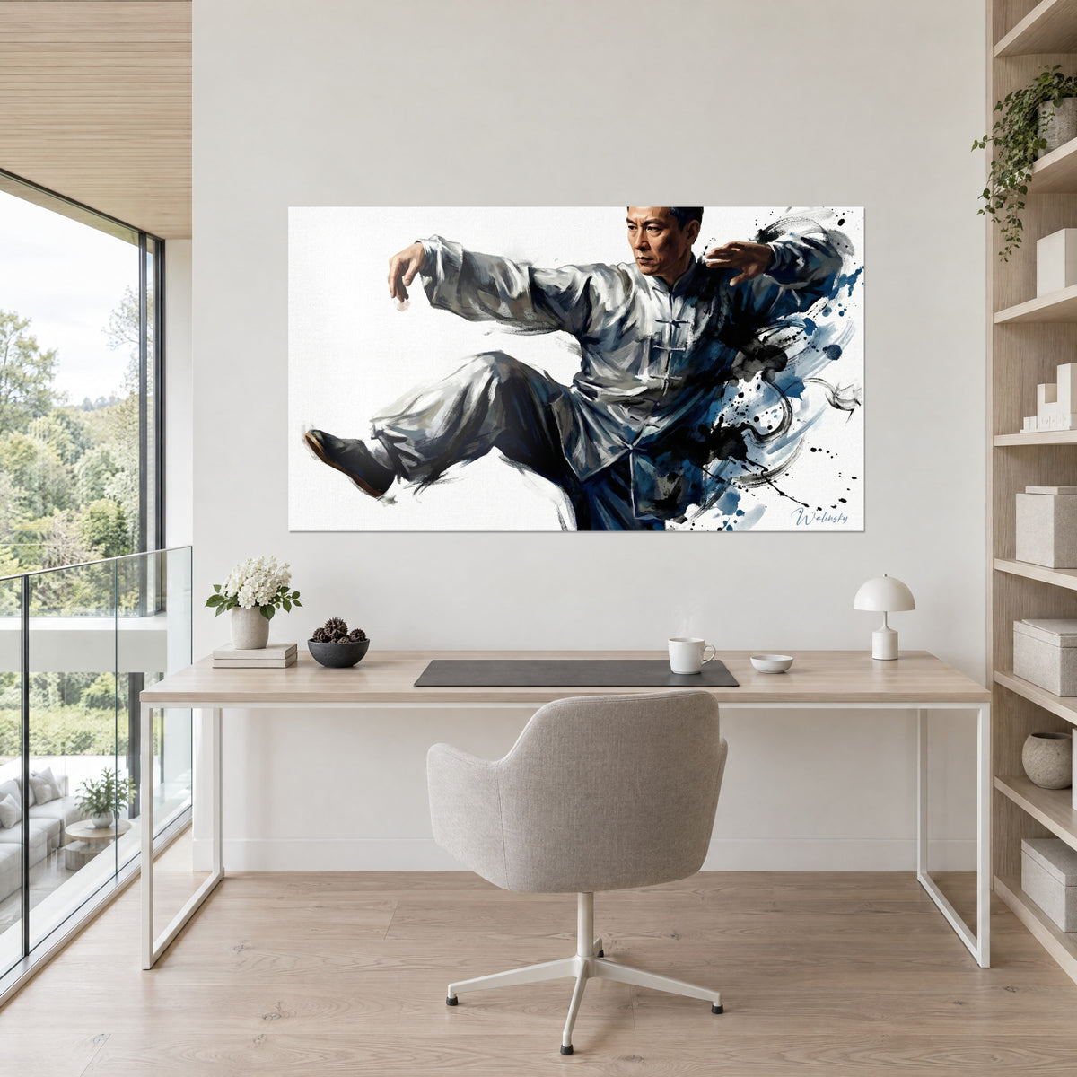 Tableau sensei au regard concentré, jambe repliée et taches d'encre noire sur fond clair, au-dessus d'un bureau en bois blond