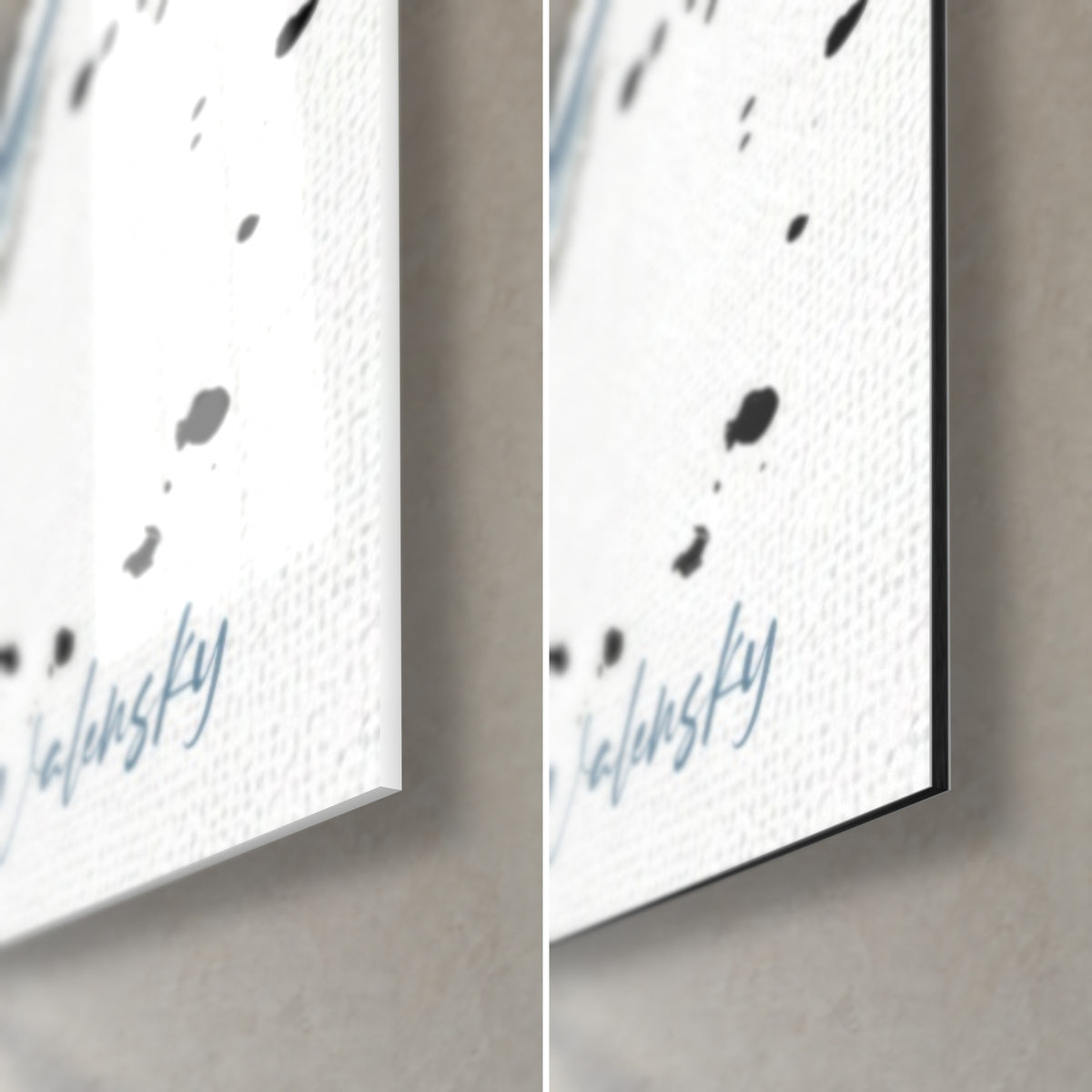 Tableau karatéka en tenue blanche, coin bas droit : verre acrylique brillant à gauche, alu Dibond mat à droite, tranche de 3 mm
