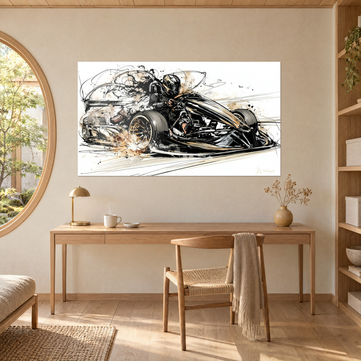 Wall art gold-helmeted kart driver on a tight bend, beige smoke and black tyres, on an office wall above a wooden table