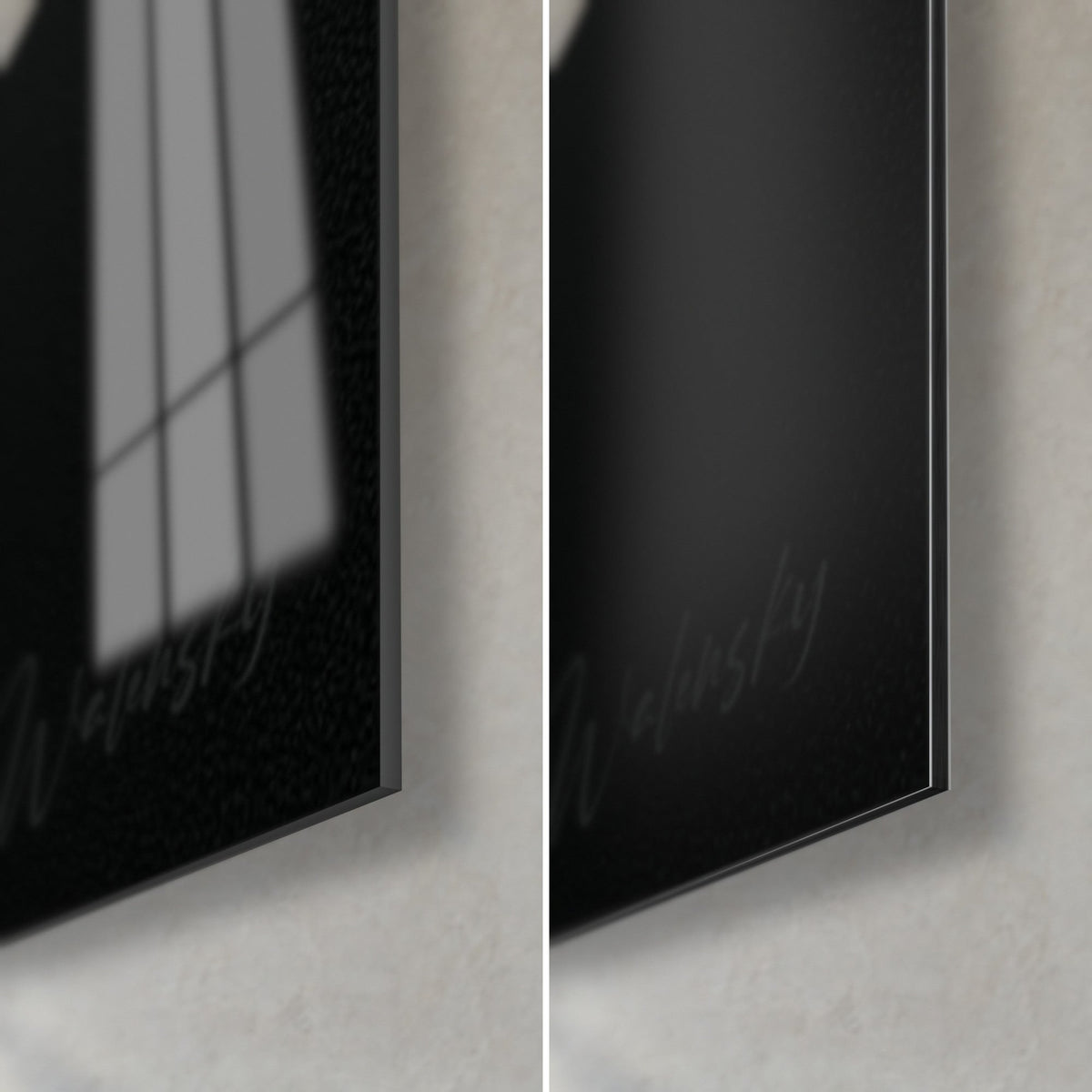 Tableau kart noir et gris, coin bas droit : verre acrylique brillant à reflets de fenêtre, Dibond mat, tranche de 3 mm