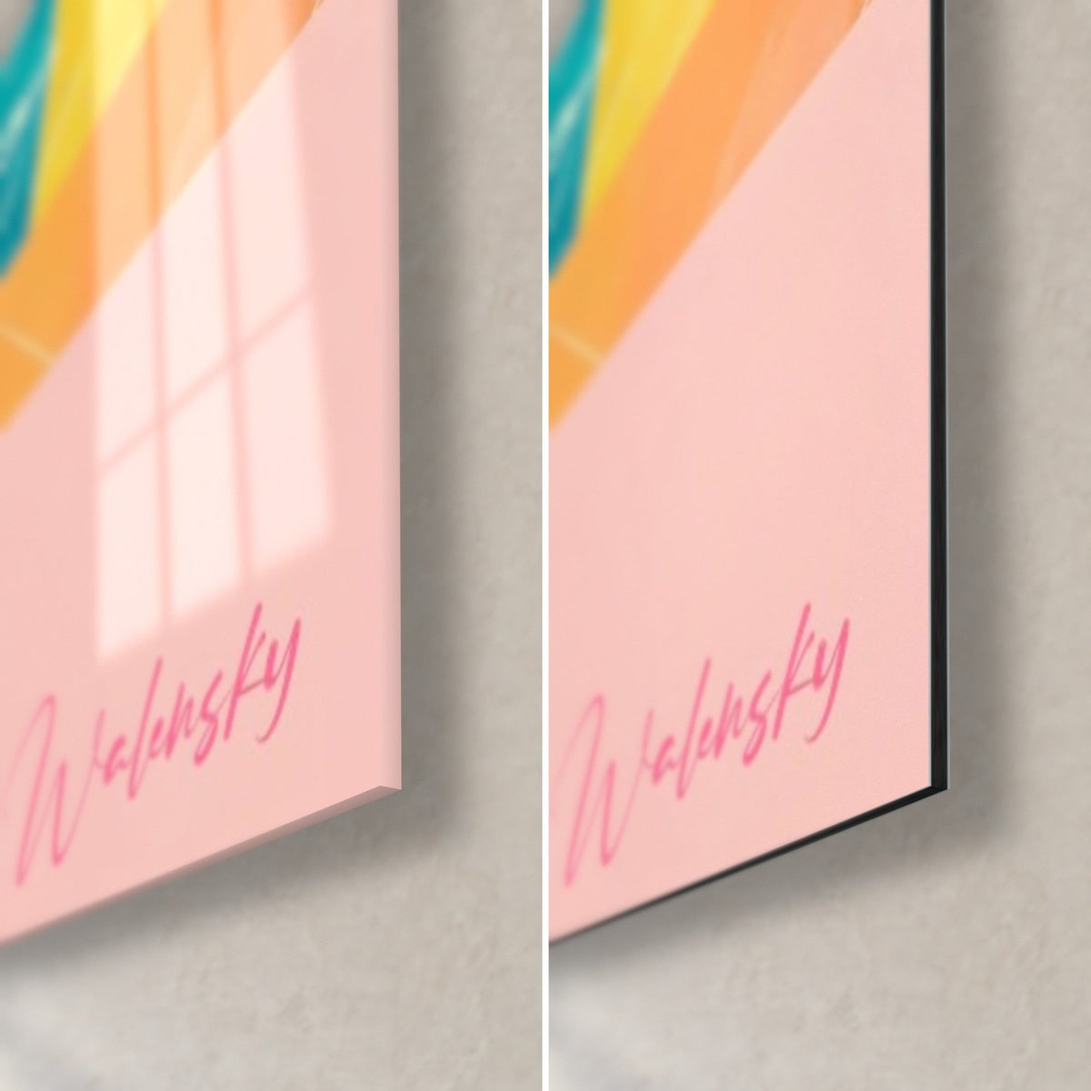 Gemälde Kartfahrer in rosa und gelben Glanzlichtern, untere rechte Ecke: glänzendes Acrylglas links, mattes Dibond-Aluminium rechts, 3 mm Kante